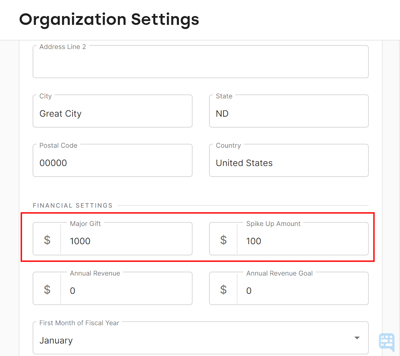 FINANCIAL SETTINGS IN ORGANIZATION SETTINGS WITH MAJOR GIFTS AND SPIKE UP GIFTS HIGHLIGHTED - click to enlarge FINANCIAL SETTINGS IN ORGANIZATION SETTINGS WITH MAJOR GIFTS AND SPIKE UP GIFTS HIGHLIGHTED