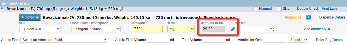 A treatment in the Admix Planning pane with a highlight around the auto-calculated Amount in mL and the Edit (pencil) icon to override the calculation - click to enlarge A treatment in the Admix Planning pane with a highlight around the auto-calculated Amount in mL and the Edit (pencil) icon to override the calculation