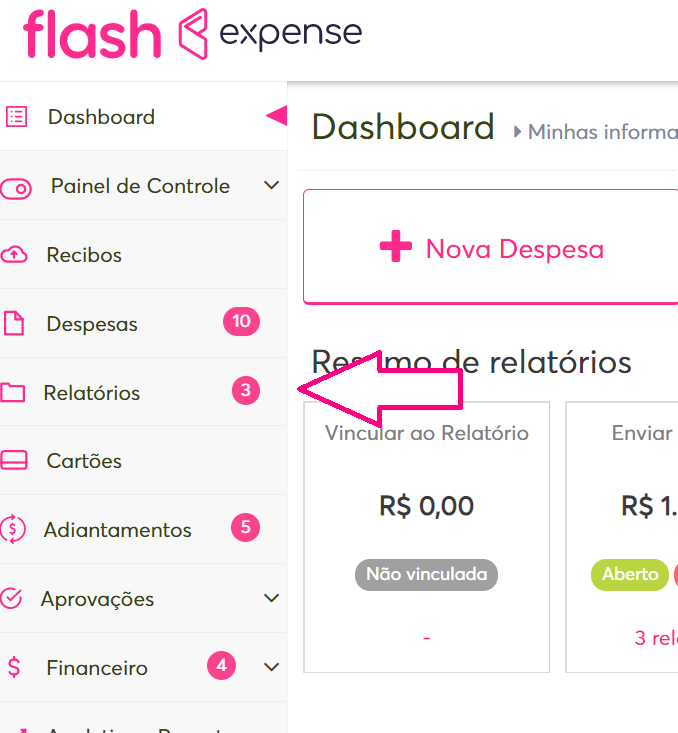 imagem da plataforma com destaque para o menu de relatórios