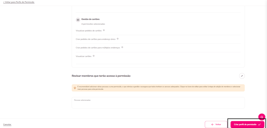 imagem da plataforma com o resumo das informações indicadas e destaque para a opção de criar perfil de permissão.