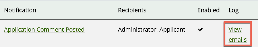 View of the Notifications table with the View Emails link highlighted under the Log column