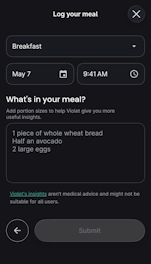 Text entry interface for logging meal with keyboard visible
