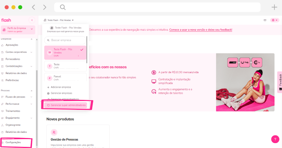 Imagem da plataforma com foco no menu de gerenciar superadministradores