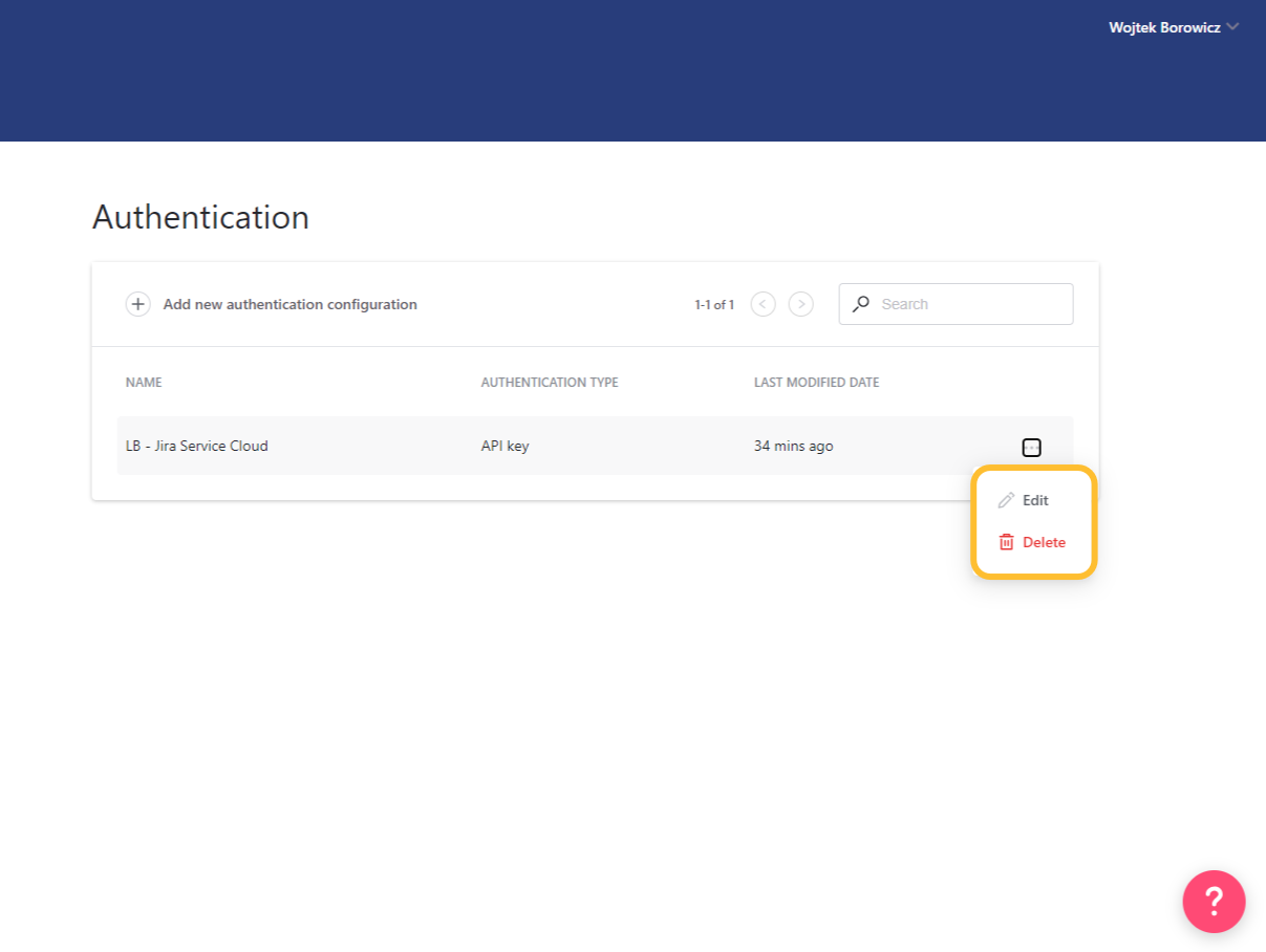 Dropdown menu for an authentication configuration. - click to enlarge Dropdown menu for an authentication configuration.