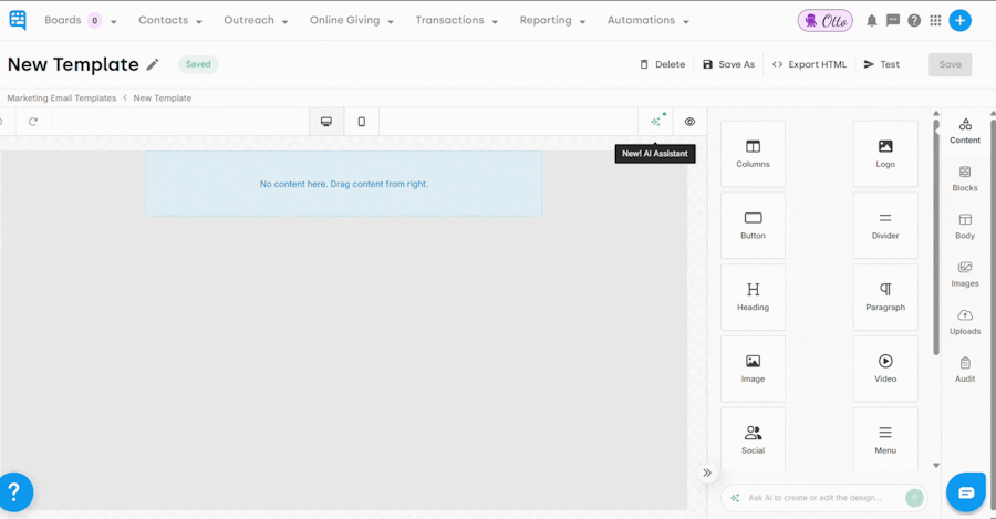 Adding saved Custom Block to a new Template