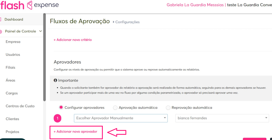 imagem da plataforma com destaque para o menu adicionar aprovador.