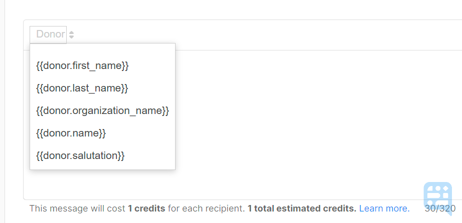 DROPDOWN SHOWING THE FIVE AVAILABLE MERGE TAGS ON TEXT MESSAGES - click to enlarge DROPDOWN SHOWING THE FIVE AVAILABLE MERGE TAGS ON TEXT MESSAGES