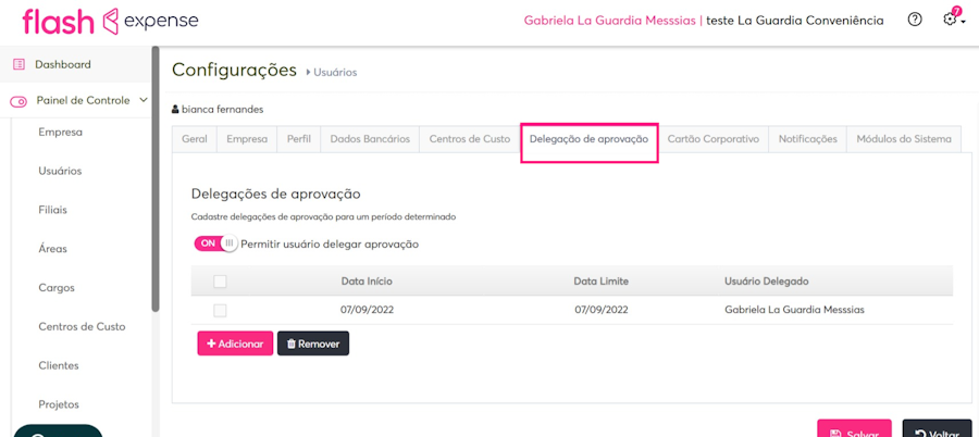 Imagem do menu delegação de aprovação.