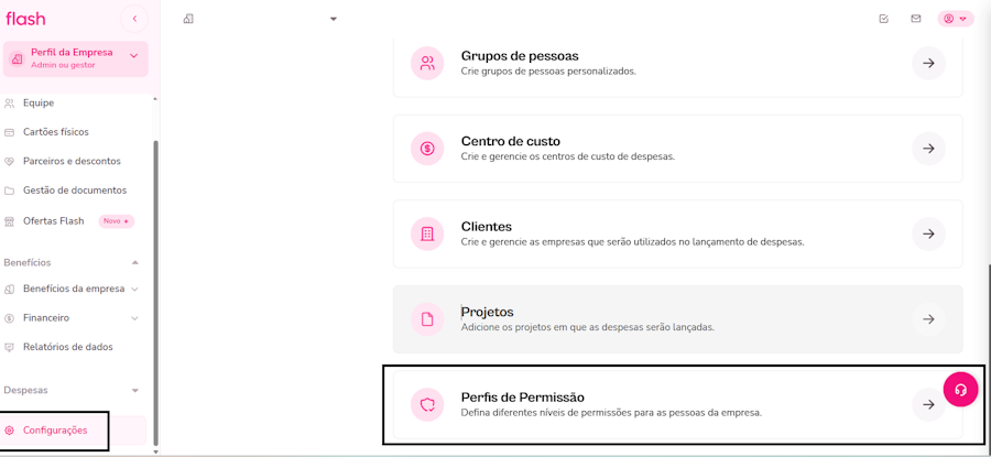 Visão de configurações para atribuir administrador.