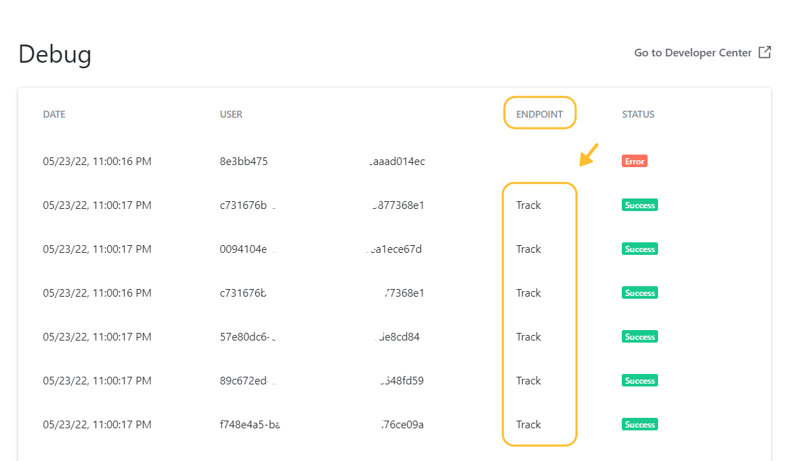 Debug view with the Endpoint column highlighted. - click to enlarge Debug view with the Endpoint column highlighted.
