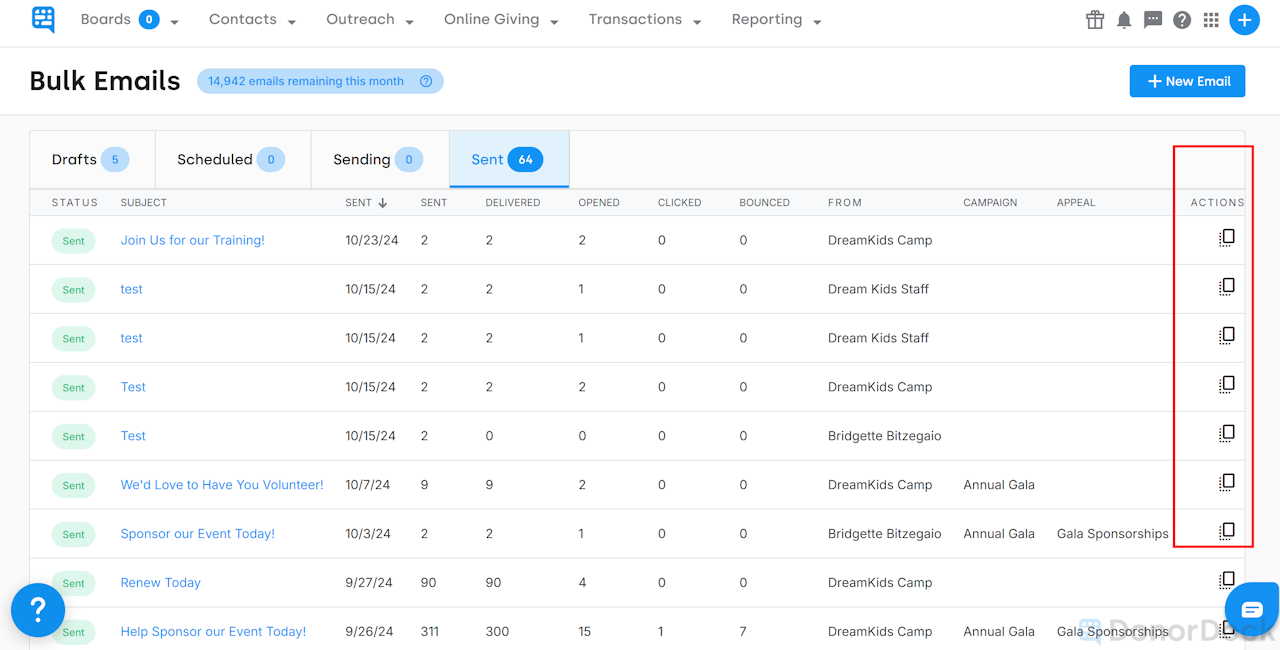 TABLE OF SENT EMAILS WITH DUPLICATION ACTION ICON OUTLINED IN RED - click to enlarge TABLE OF SENT EMAILS WITH DUPLICATION ACTION ICON OUTLINED IN RED