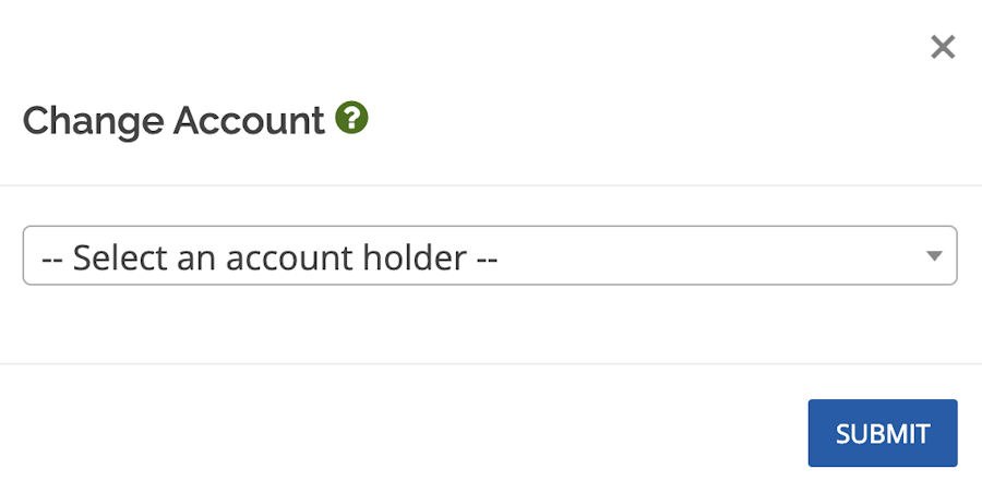 Shows the Change Account popup window where you can use a dropdown menu to select the new account