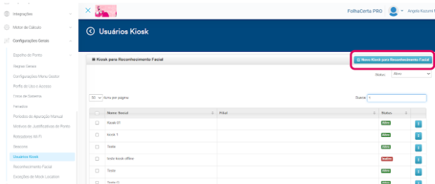 imagem da plataforma com destaque para o botão de adicionar novo usuário Kiosk