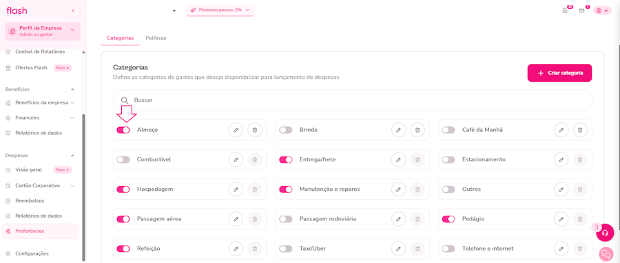 imagem com categorias exemplos ativas/desativadas
