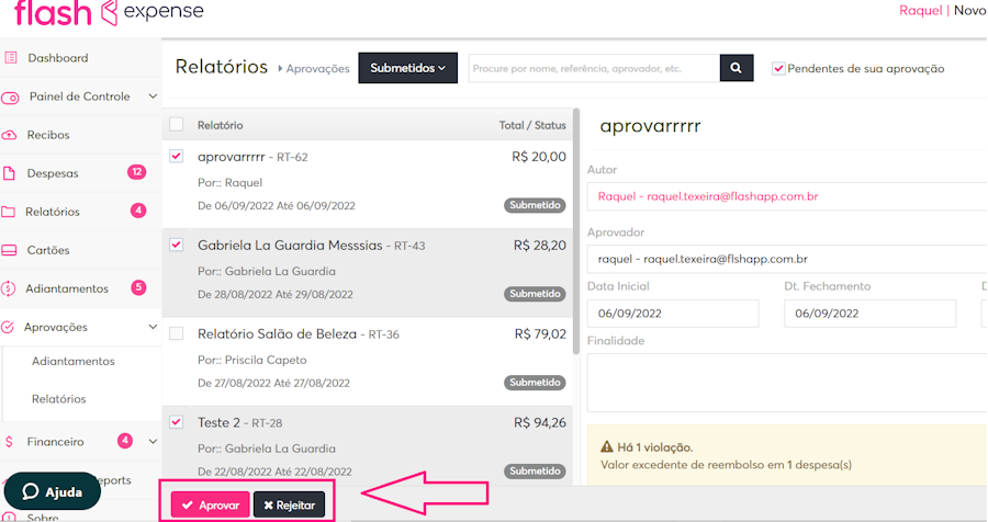 Imagem exemplo de relatórios selecionados com destaque para as opções de aprovar/rejeitar