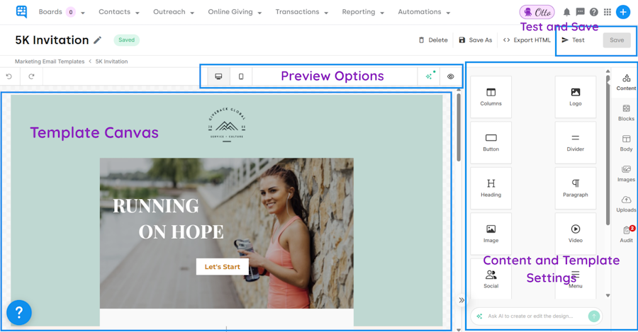 Template editor layout with canvas on the left, content and template settings on the right, and test and save in top right