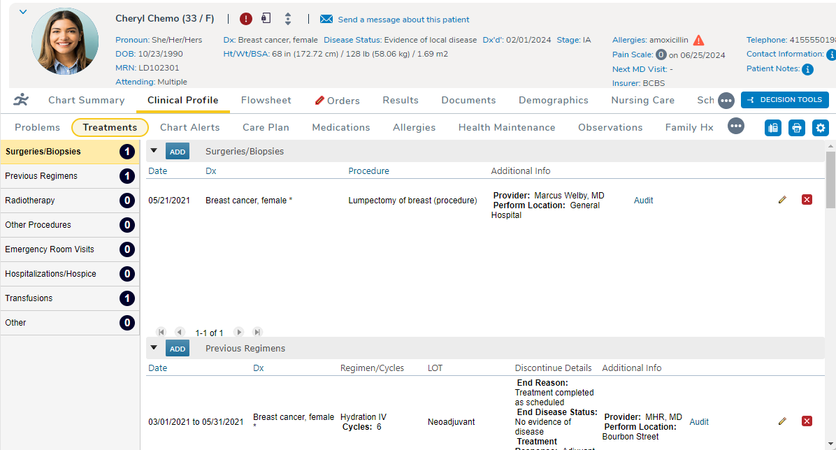 The Treatments tab under the Clinical Profile chart tab - click to enlarge The Treatments tab under the Clinical Profile chart tab