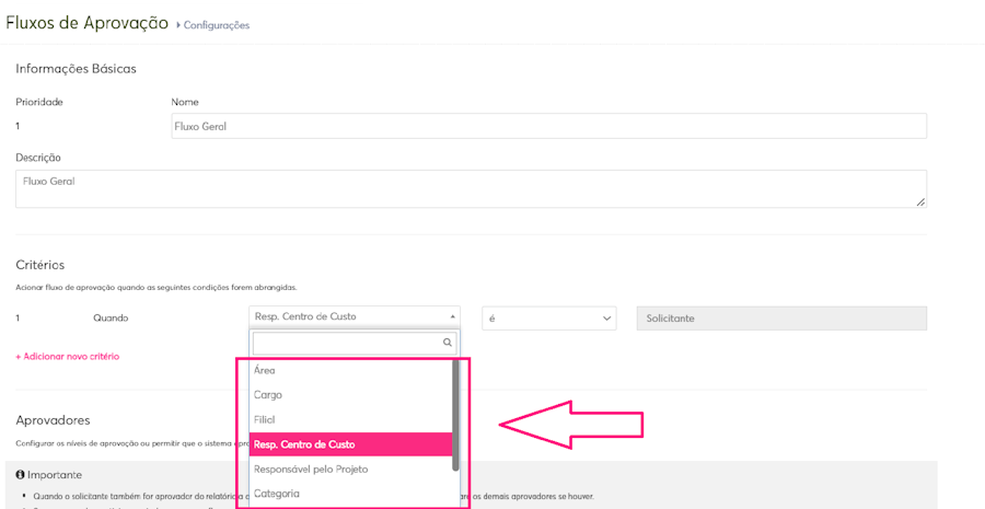 imagem da plataforma com destaque para o campo de centro de custo.