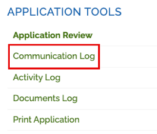 Image showing the list of Application Tools available, highlighting the Communication Log.