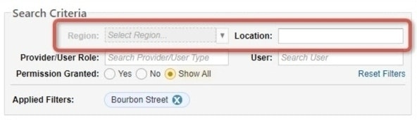Apply User Profiles with the Region and Location filters highlighted