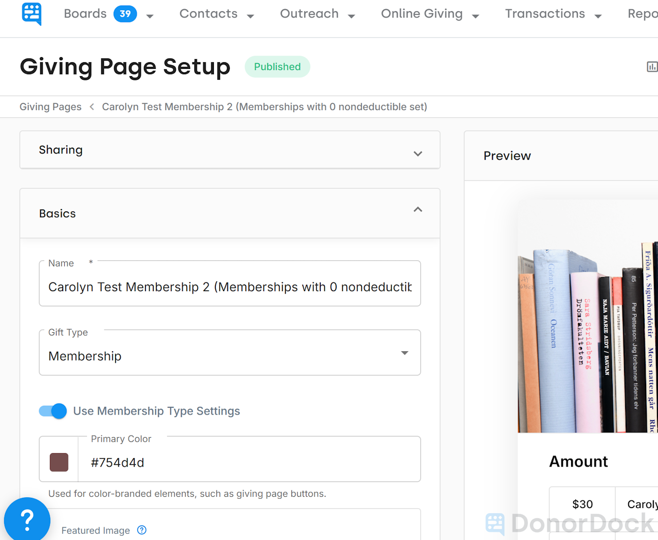GIVING PAGE WITH TOGGLE TO ENABLE MEMBERSHIP SETTINGS - click to enlarge GIVING PAGE WITH TOGGLE TO ENABLE MEMBERSHIP SETTINGS