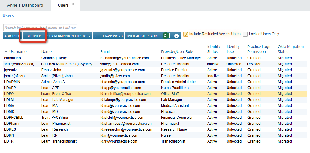 The Users list with an account selected and the Edit button highlighted - click to enlarge The Users list with an account selected and the Edit button highlighted