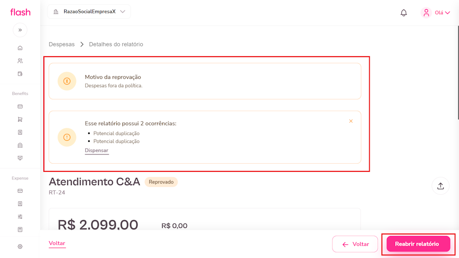 Imagem dos detalhes do relatório com destaque dos motivos de recusa e reprovação.