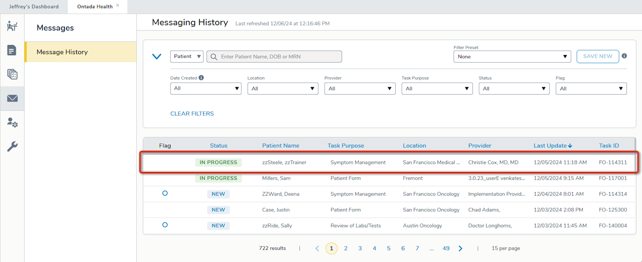 The Messaging History list with a row highlighted - click to enlarge The Messaging History list with a row highlighted