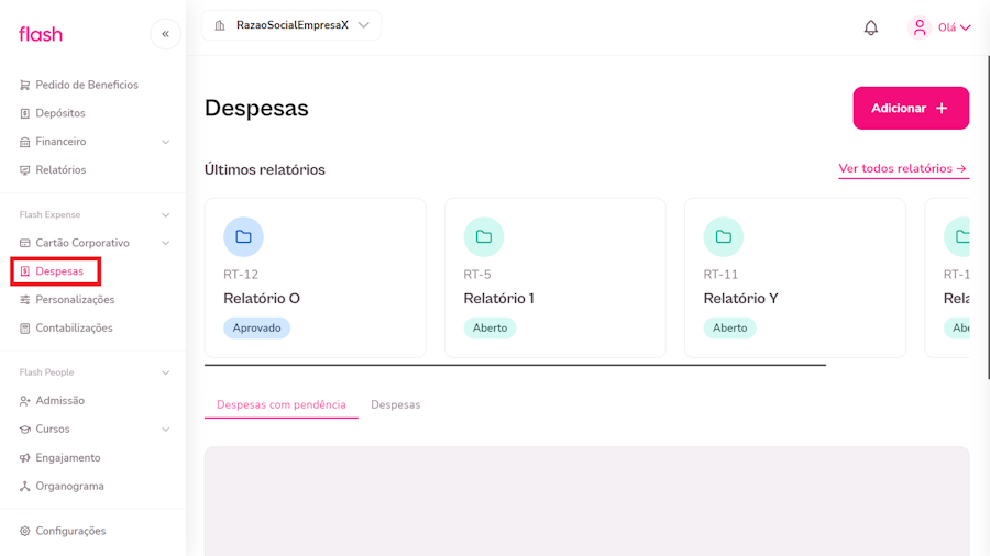 Imagem da plataforma com destaque para o menu de despesas.