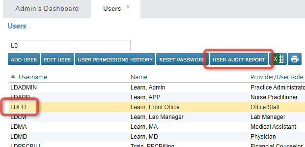 The Users list with an account and User Audit Report highlighted - click to enlarge The Users list with an account and User Audit Report highlighted