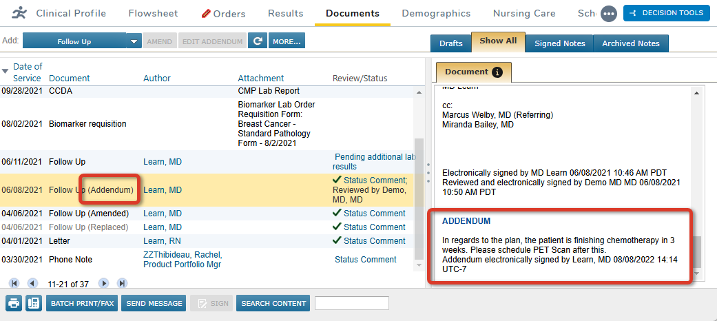 The Documents tab with a Note with an Addendum selected and the Addendum indicator and the Addendum section highlighted - click to enlarge The Documents tab with a Note with an Addendum selected and the Addendum indicator and the Addendum section highlighted