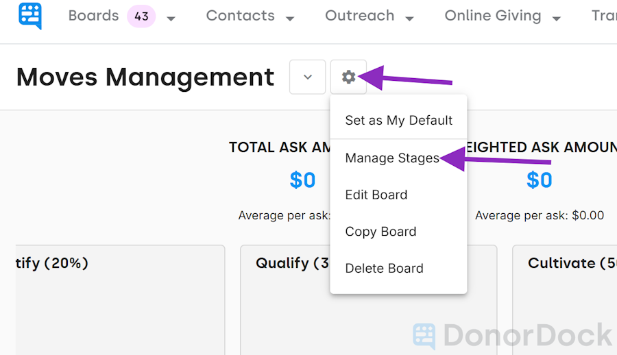 Menu Prompt to view Manage Stages