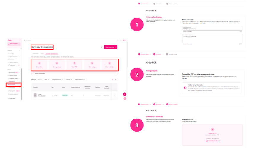 imagem da plataforma com instruções para adicionar conteúdo de treinamento