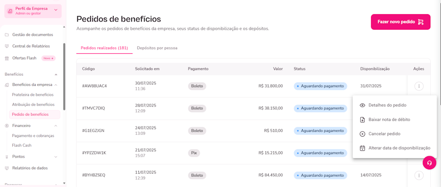 imagem da plataforma no menu de pedido de beneficio com algumas opções internas