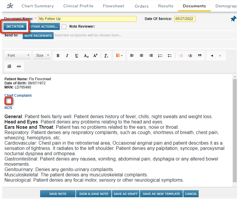 The Note editor with the place where the dictation should be transcribed and the Dictation button highlighted - click to enlarge The Note editor with the place where the dictation should be transcribed and the Dictation button highlighted