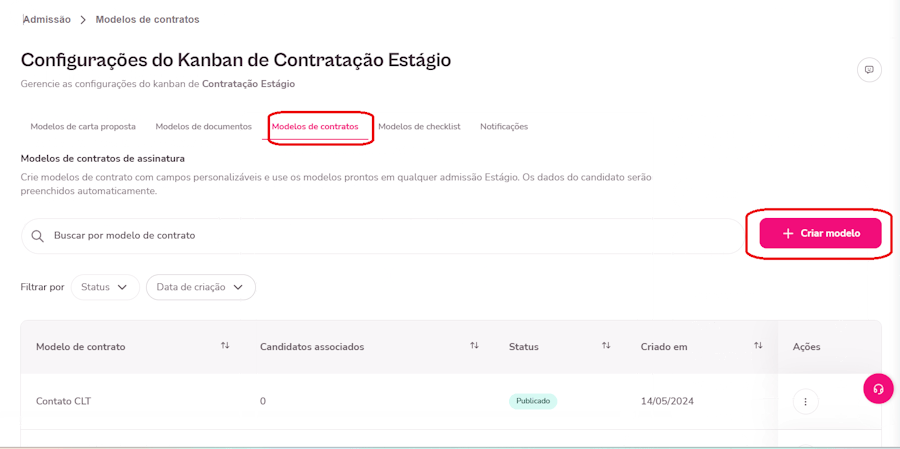 Gif do aplicativo com destaque para as opções de criar modelo de contrato.