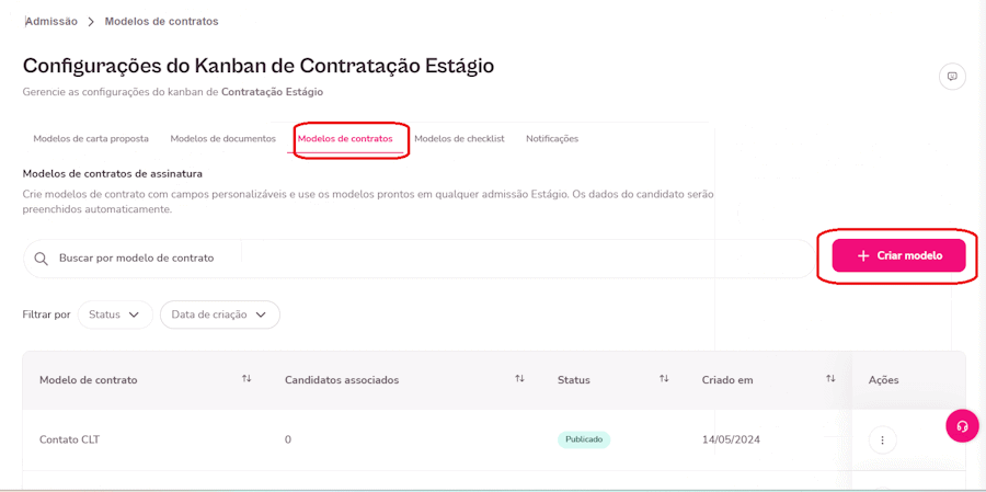 Gif do aplicativo com destaque para as opções de criar modelo de contrato.
