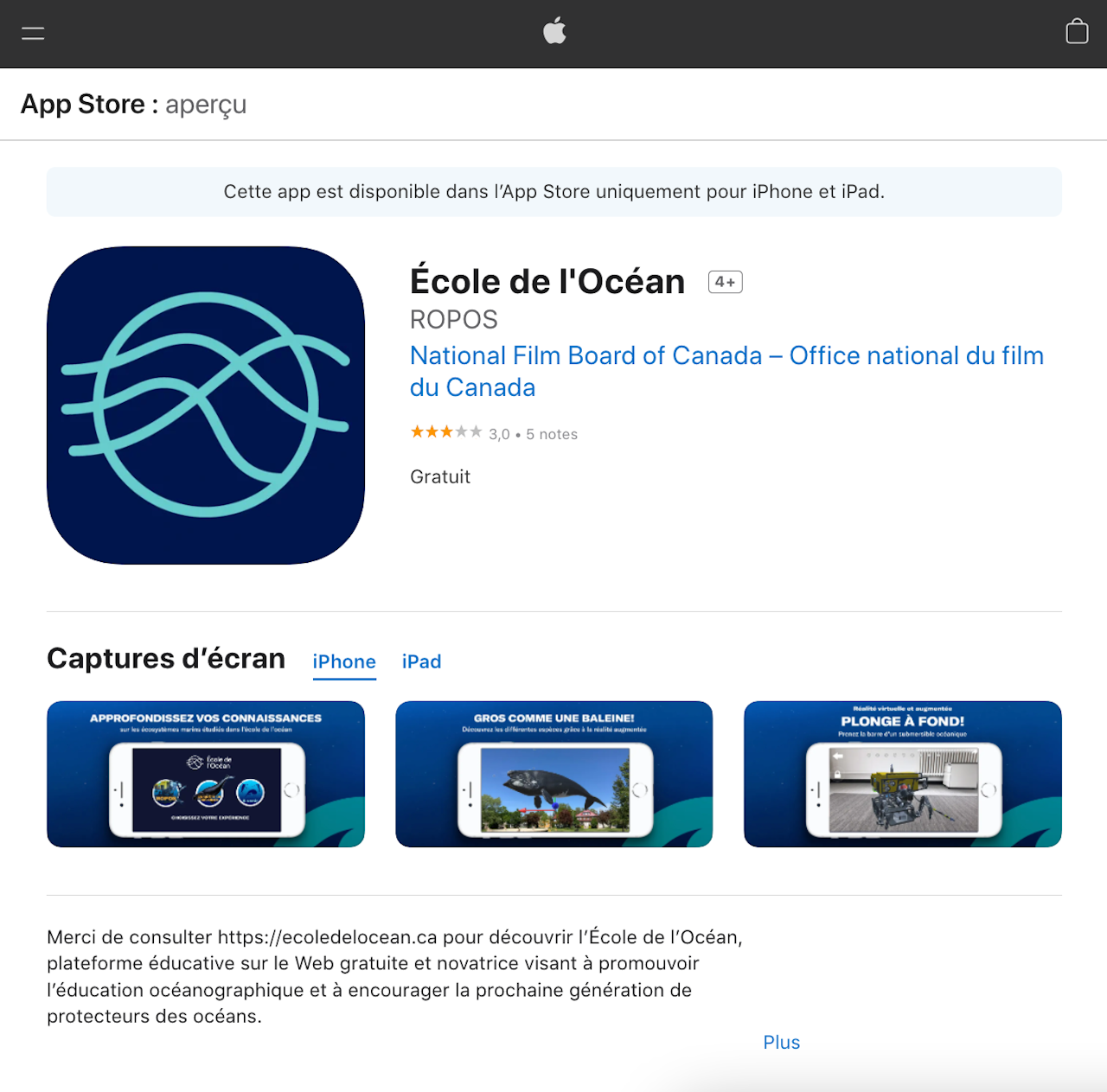 L'application École de l'Océan et les captures d'écran des expériences sur l'App Store. - click to enlarge L'application École de l'Océan et les captures d'écran des expériences sur l'App Store.