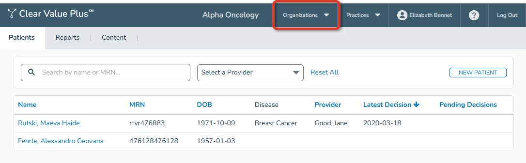 The Clear Value Plus Patients list with the Organizations menu highlighted - click to enlarge The Clear Value Plus Patients list with the Organizations menu highlighted