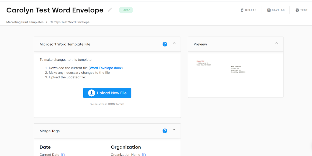 WORD TEMPLATE SHOWING ENVELOPE TEMPLATE IN THE PREVIEW PANEL. RETURN ADDRESS INFORMATION IN THE TOP LEFT AND ADDRESS CENTERED - click to enlarge WORD TEMPLATE SHOWING ENVELOPE TEMPLATE IN THE PREVIEW PANEL. RETURN ADDRESS INFORMATION IN THE TOP LEFT AND ADDRESS CENTERED