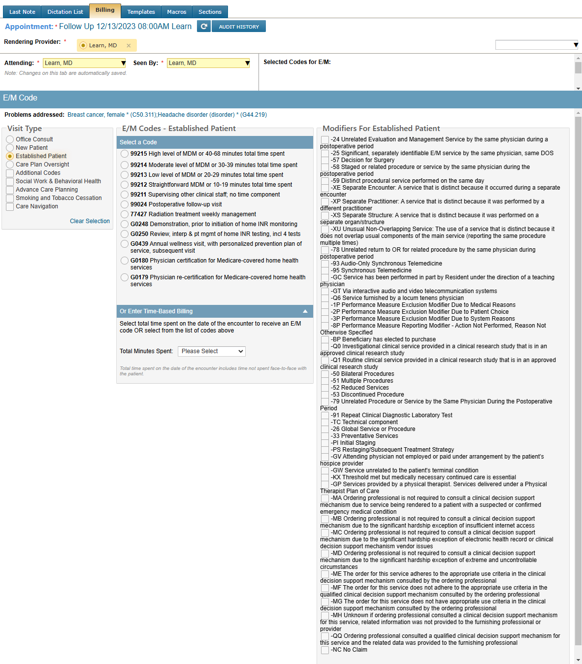 The E/M Code Entry options - click to enlarge The E/M Code Entry options