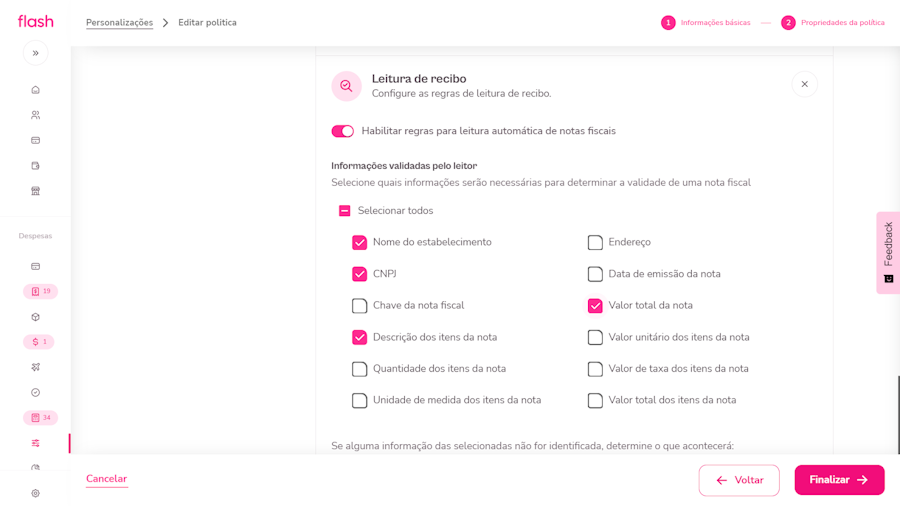 Configurar politica de despesa. Opções de leitor de recibo.