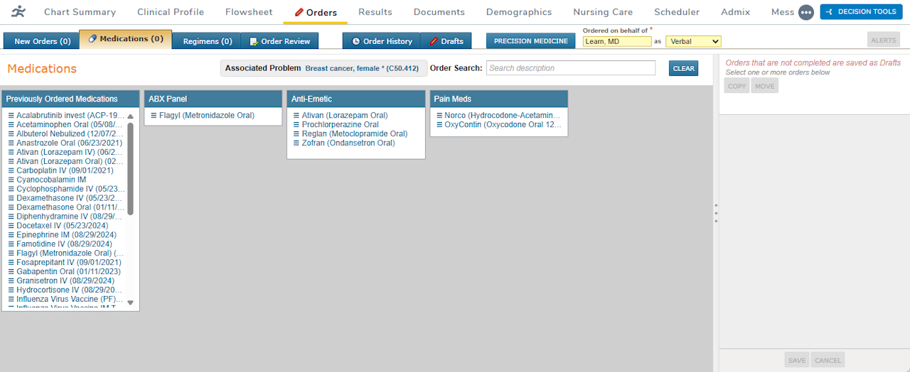 The Medications sub-tab under the Orders chart tab - click to enlarge The Medications sub-tab under the Orders chart tab