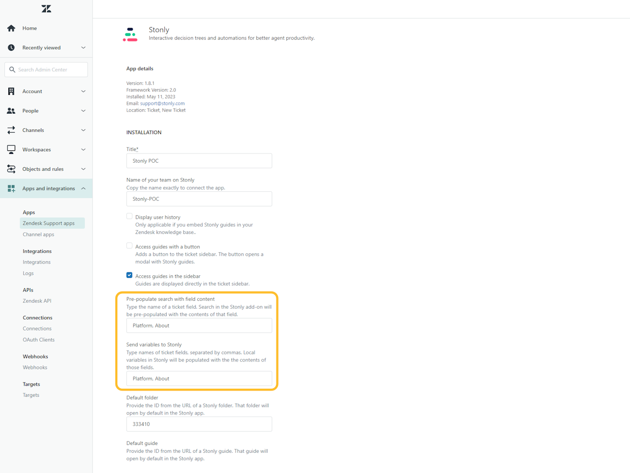 Stonly app configuration page in Zendesk with data connection options highlighted. - click to enlarge Stonly app configuration page in Zendesk with data connection options highlighted.