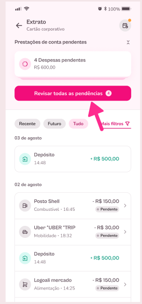 imagem do aplicativo com despesa pendente para prestação.