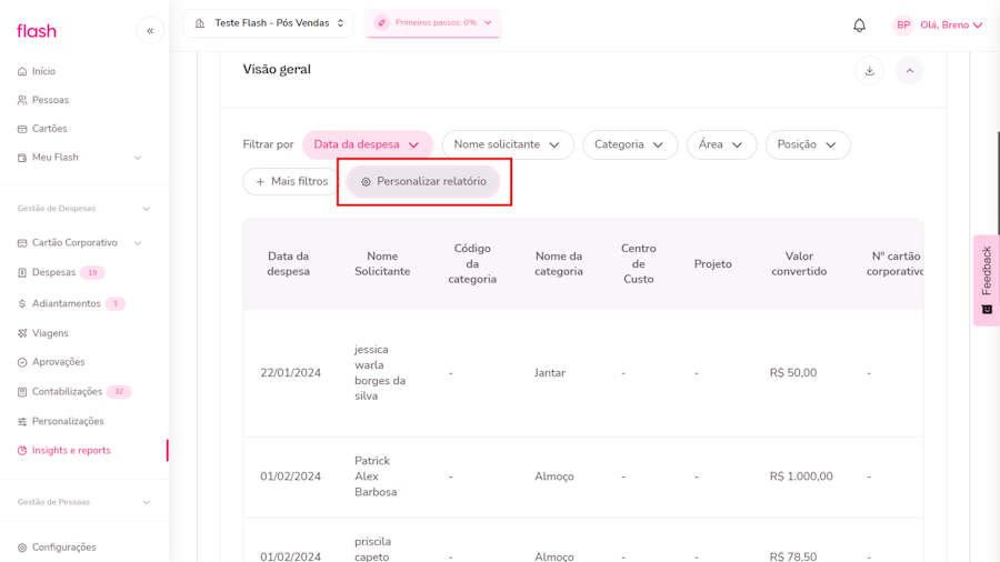 imagem da plataforma com destaque para opção de personalizar relatório