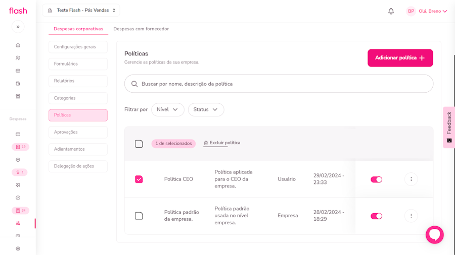 Política de despesas corporativas. Quarto passo para exclusão de política. Seleção da politica que deseja excluir