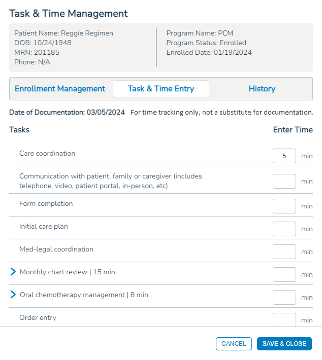 Task & Time Management with the minutes of one task entered but not saved - click to enlarge Task & Time Management with the minutes of one task entered but not saved