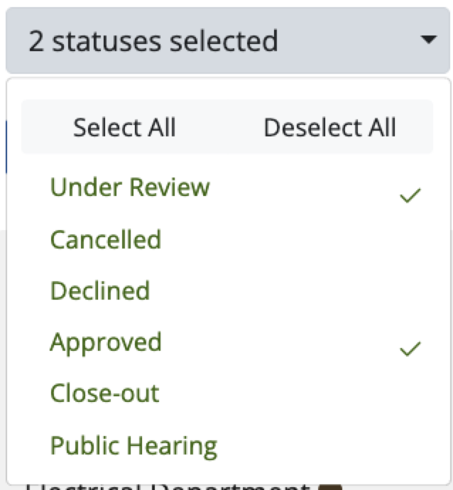 Shows the Statuses dropdown with the statuses chosen for the report marked with a green checkmark.
