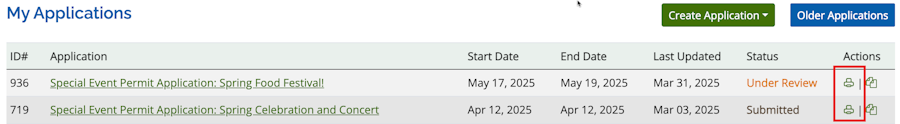 Image of the My Applications area on the dashboard, with the Print icon highlighted under the Actions header.